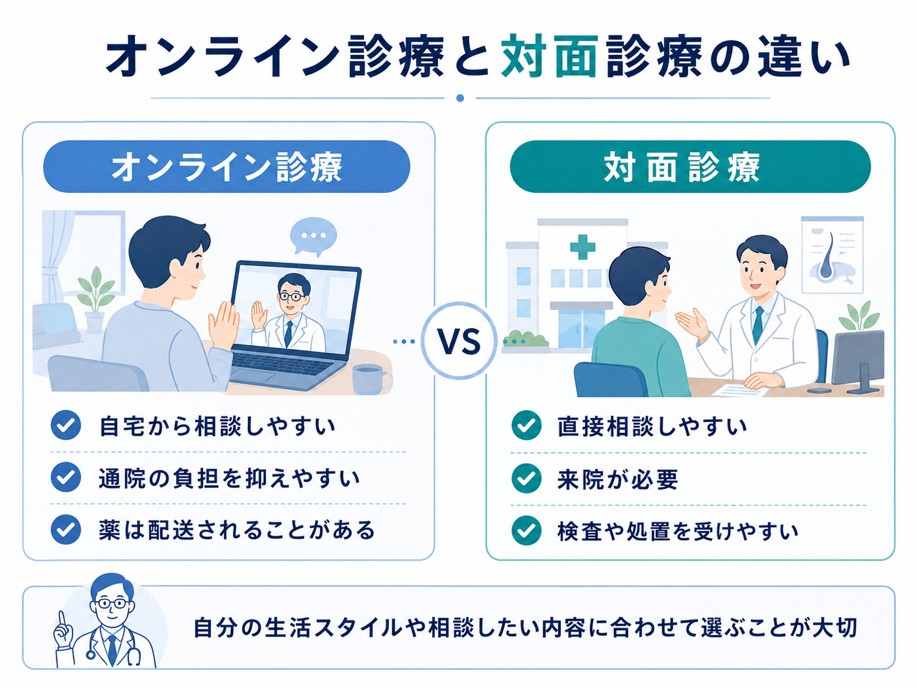 AGA治療におけるオンライン診療と対面診療の違いを比較したイラスト