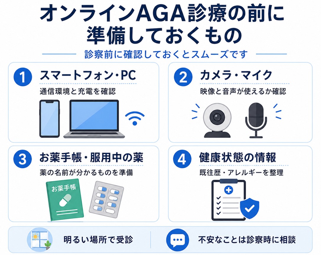 オンラインAGA診療前に準備するスマートフォン、パソコン、カメラ、マイク、お薬手帳、健康状態の情報