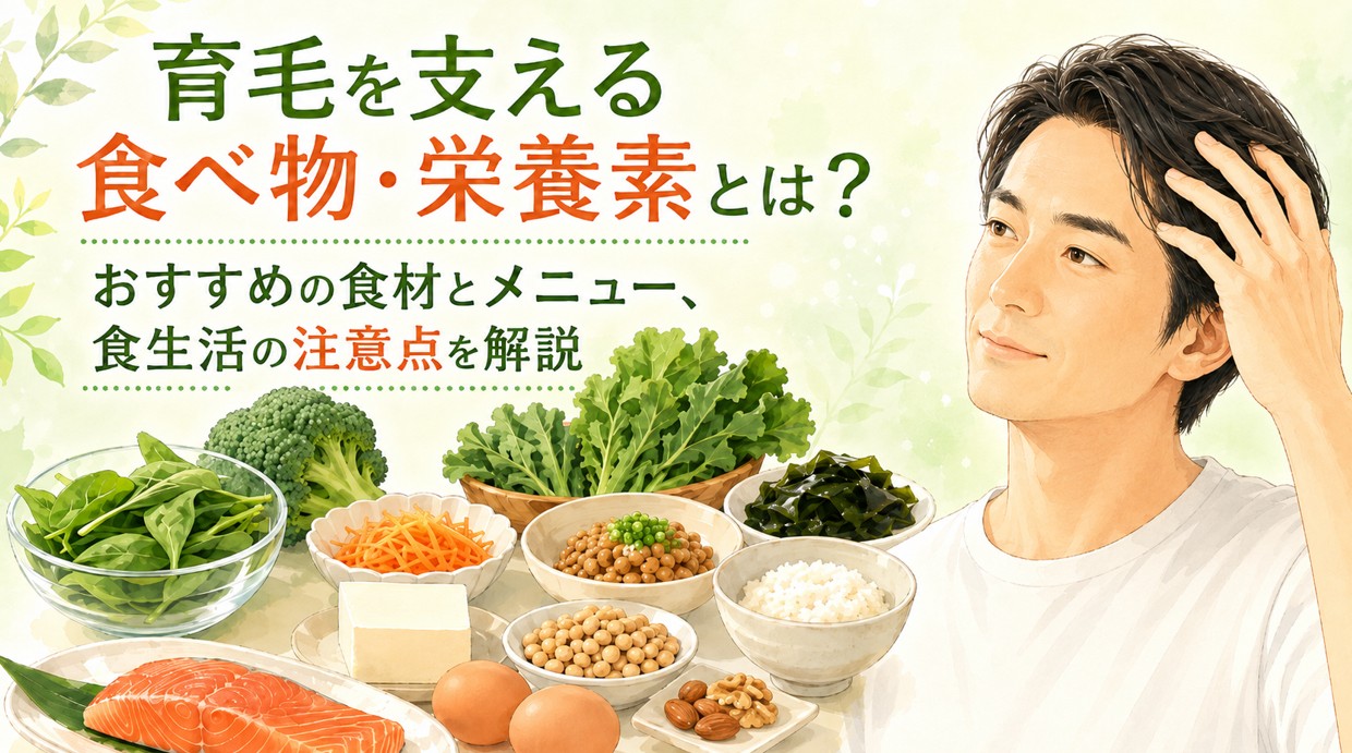 育毛を支える食べ物・栄養素、おすすめの食材とメニュー、食生活の注意点を解説する記事のイメージ