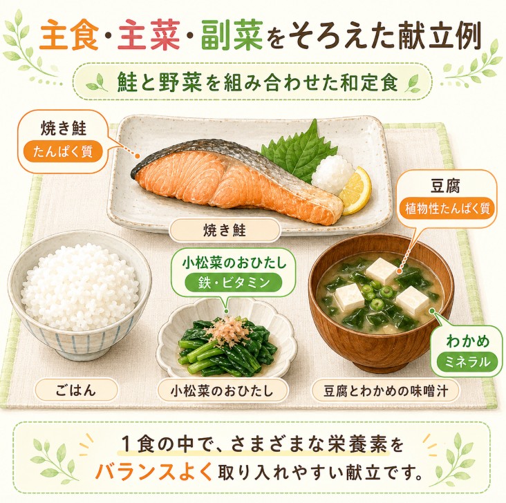焼き鮭、ごはん、小松菜のおひたし、豆腐とわかめの味噌汁を組み合わせた献立例