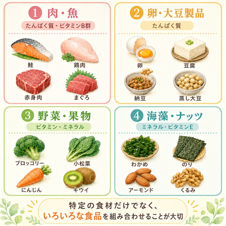 鮭、卵、豆腐、納豆、緑黄色野菜、海藻、ナッツなど育毛を支える食材の一覧